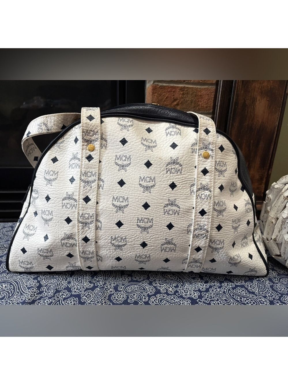 MCM Visetos Monogram Boston Bag / Satchel - White & Black - Picture 5 of 9